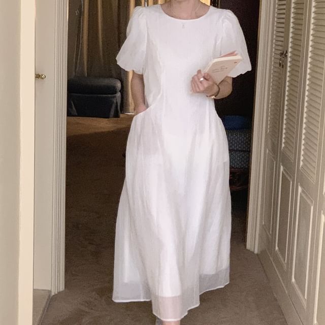 Ribbed Puff Short-Sleeve Round Neck Maxi A-Line Dress