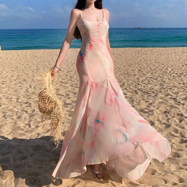 Scoop Neck Tie Dye Spaghetti Strap Mermaid Maxi Dress