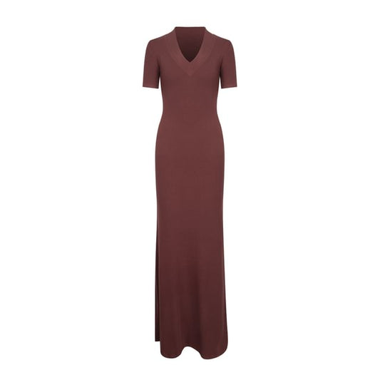 V-Neck Elbow-Sleeve Ribbed Plain Sheath Maxi Dress