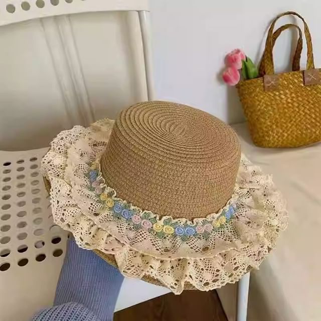Floral Hat Lace Trim Straw