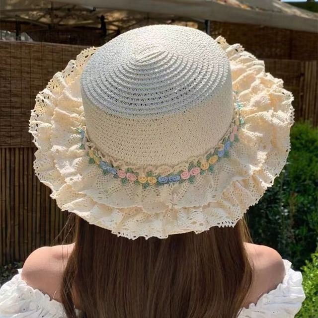 Floral Hat Lace Trim Straw