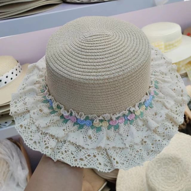 Floral Hat Lace Trim Straw