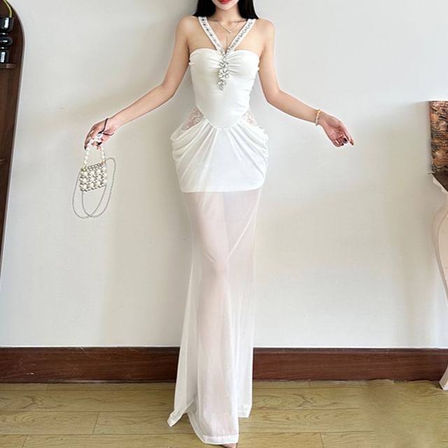 Halter Neck Lace Panel Rhinestone Accent Ruched Mesh Mermaid Maxi Dress