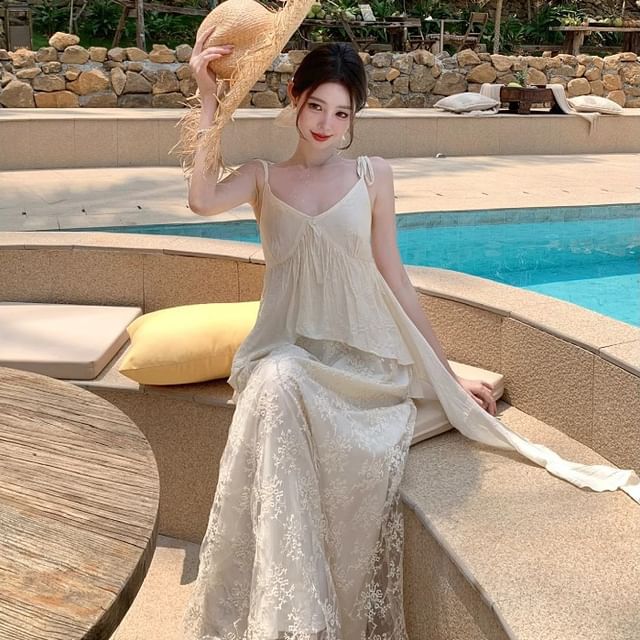 Sleeveless V-Neck Lace A-Line Maxi Dress