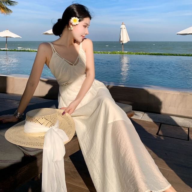 V-Neck Plain Sheath Maxi Dress with Spaghetti Straps
