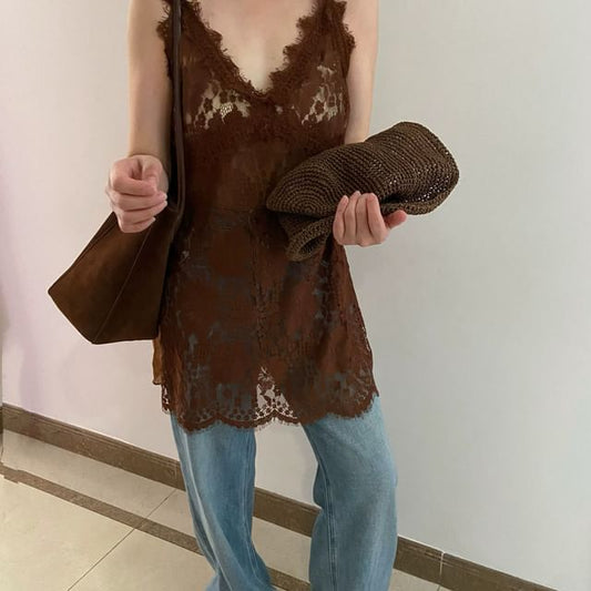 Cami Plain Lace V-Neck Spaghetti Top Strap