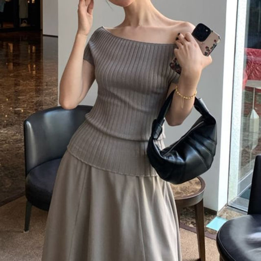 Shoulder Knit Short-Sleeve Off Ribbed Plain Top