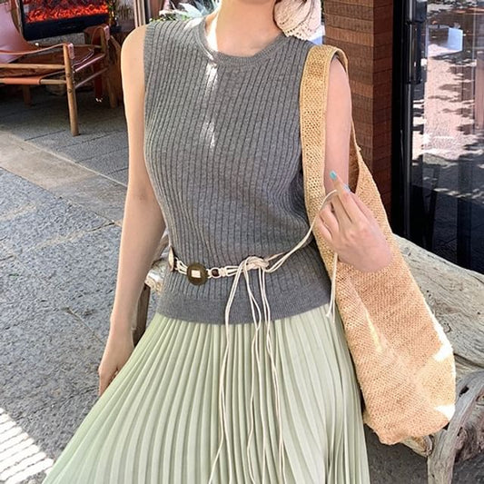 Neck Top Sleeveless Plain Knit Ribbed Crew