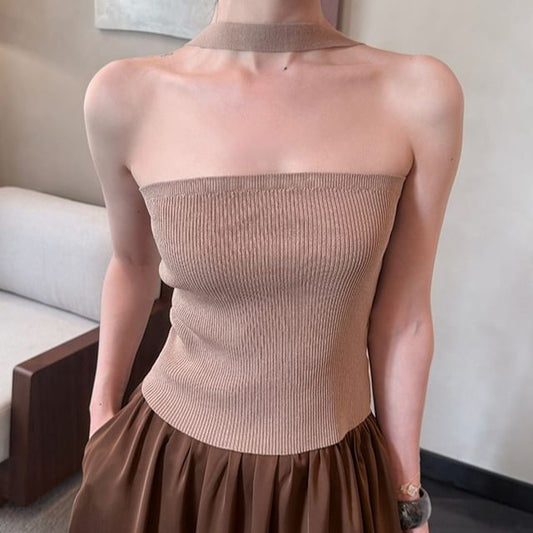 Neck Ribbed Halter Plain Top Knit