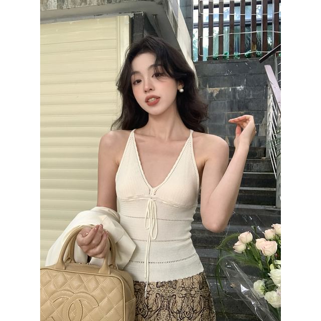 V-Neck Neck Tie Top Spaghetti Camisole Strap Plain