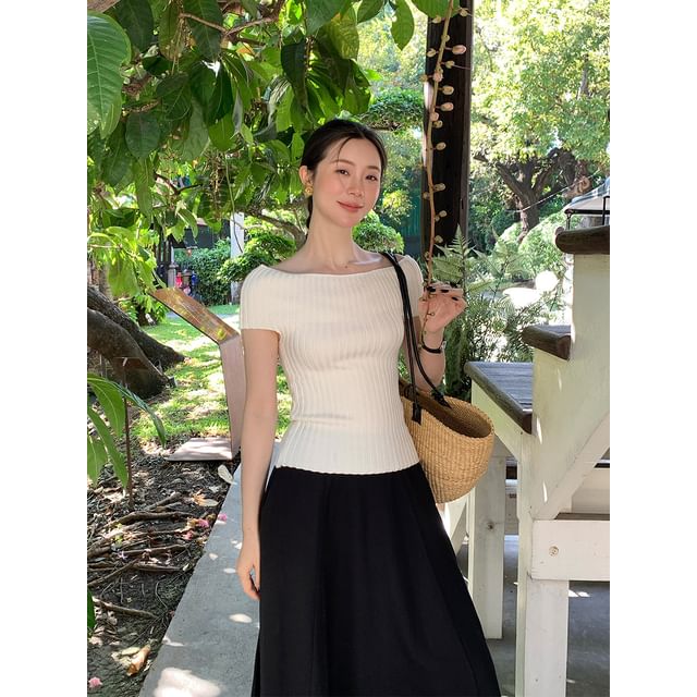 Shoulder Knit Short-Sleeve Off Ribbed Plain Top