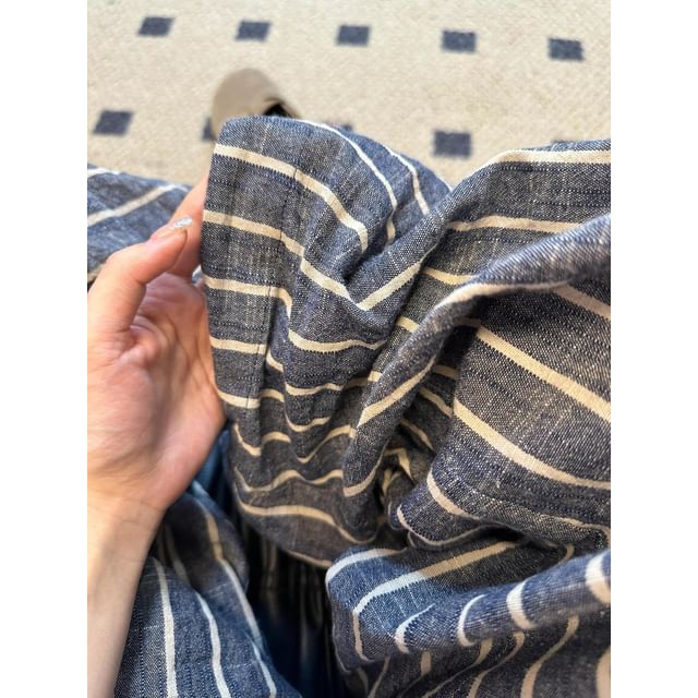 High Leg Pants Plain Striped Waist Wide