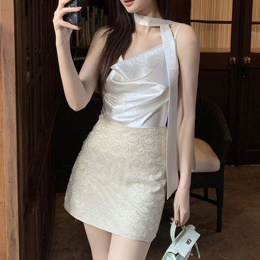 Cowl Spaghetti Plain Camisole Top Strap Neck