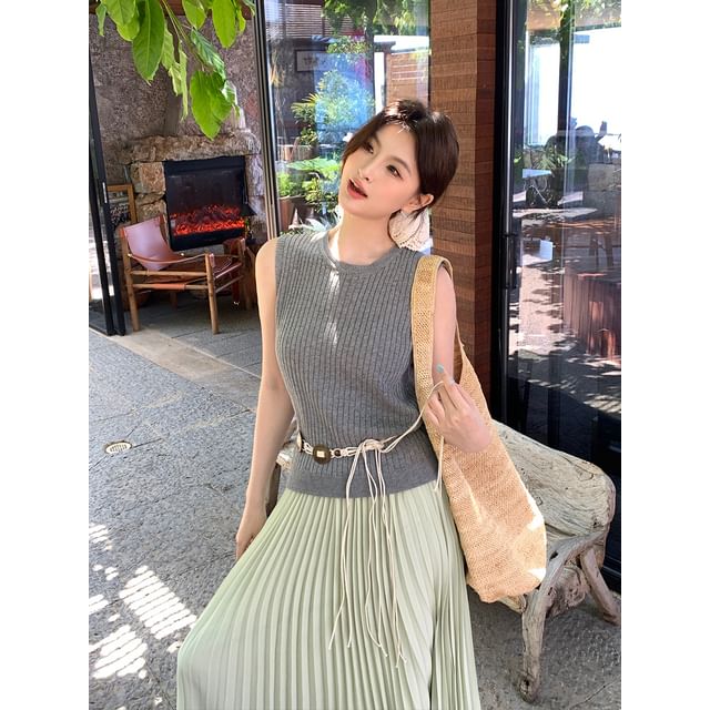 Neck Top Sleeveless Plain Knit Ribbed Crew