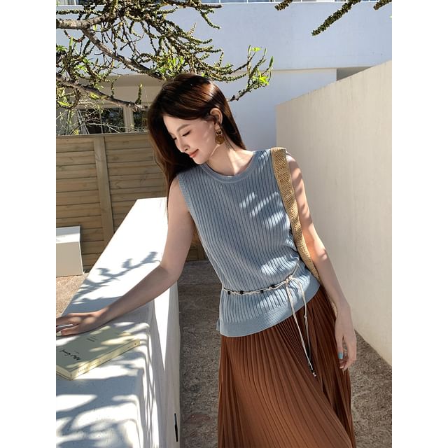 Neck Top Sleeveless Plain Knit Ribbed Crew