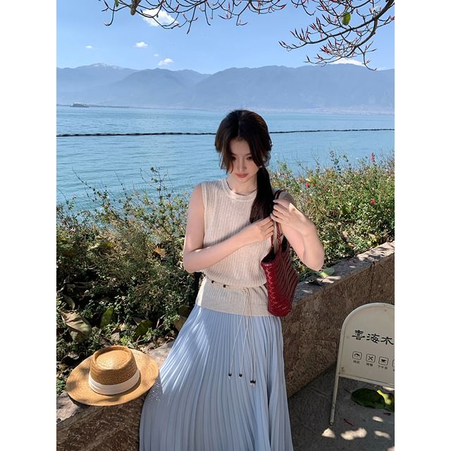 Neck Top Sleeveless Plain Knit Ribbed Crew