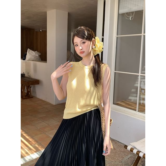 Neck Top Sleeveless Plain Knit Ribbed Crew