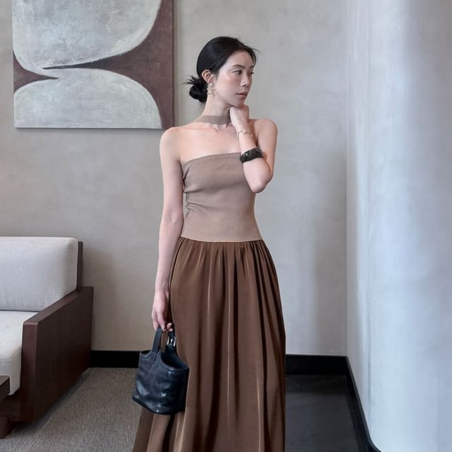 Neck Ribbed Halter Plain Top Knit