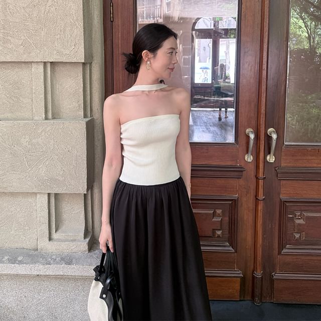 Neck Ribbed Halter Plain Top Knit