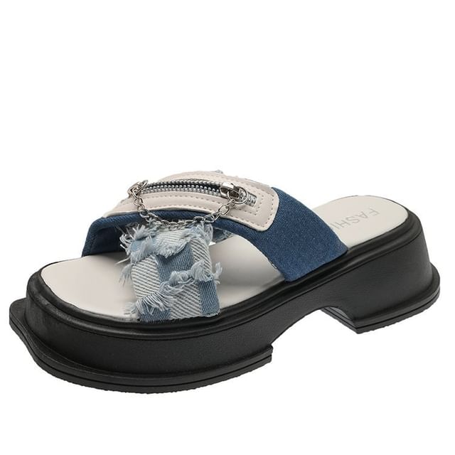 Detail Chunky Cross Platform Strap Zipped Slide Sandals Chain Heel