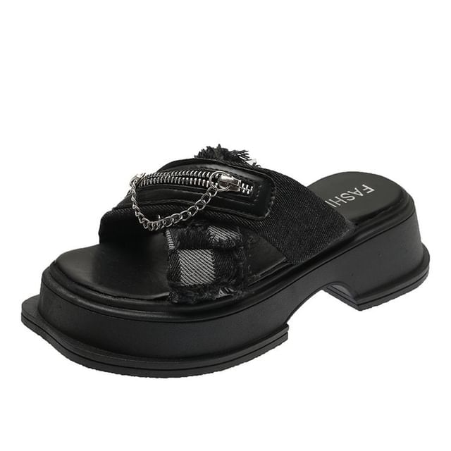Detail Chunky Cross Platform Strap Zipped Slide Sandals Chain Heel