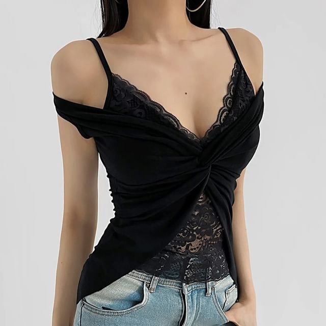 Halter Twist Lace Panel Slim Fit Cami