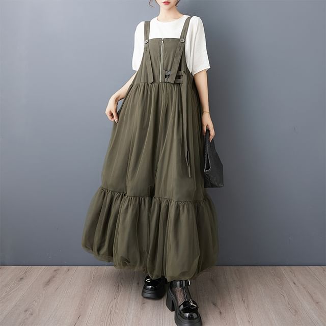 Ruched Plain Maxi Pinafore Dress