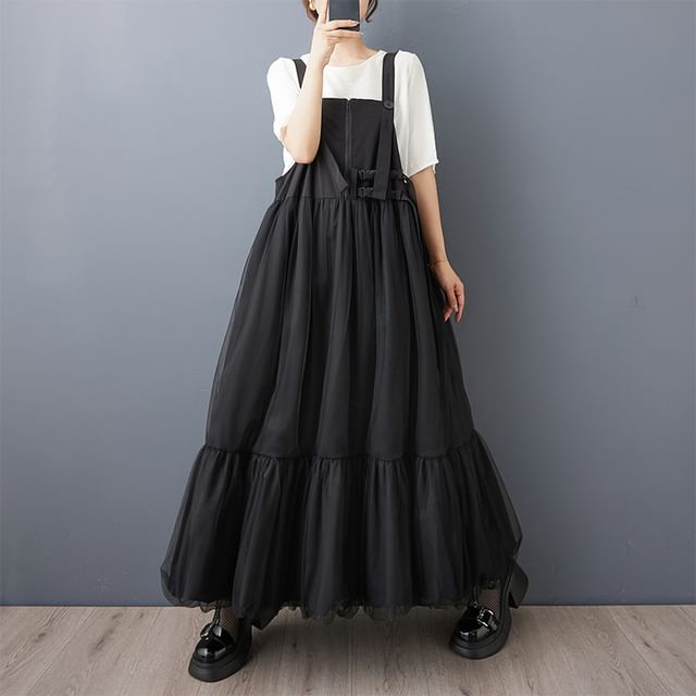 Ruched Plain Maxi Pinafore Dress