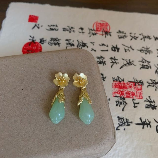 Faux Earring Jade Floral Drop