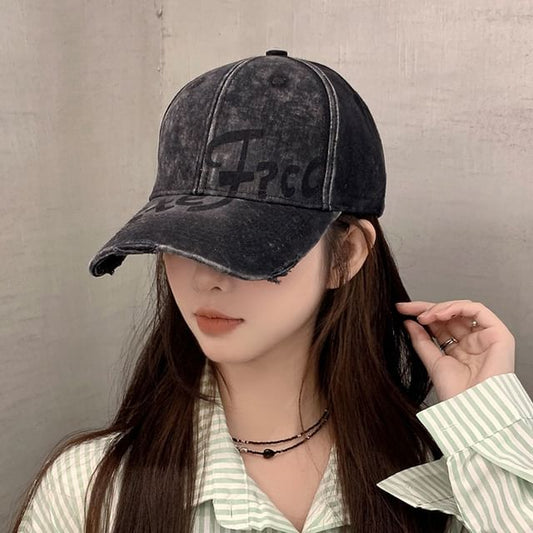 Lettering Print Washed Distressed Baseball Cap