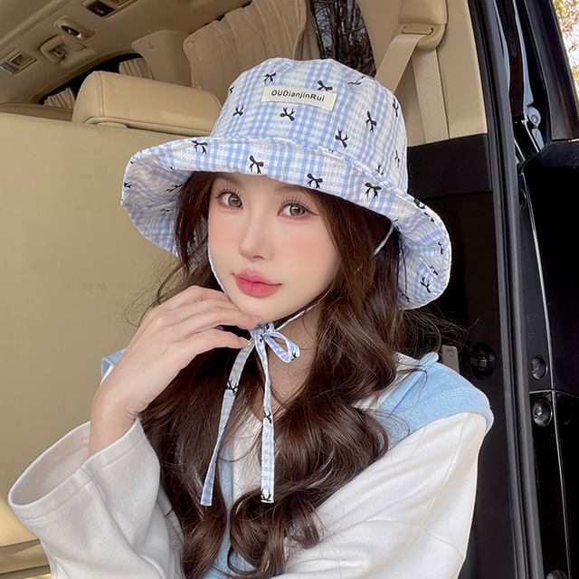 Plaid Bow Print Bucket Hat