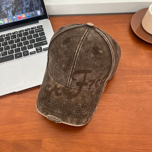 Lettering Print Washed Distressed Baseball Cap