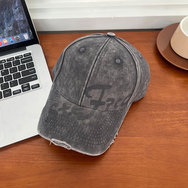 Lettering Print Washed Distressed Baseball Cap