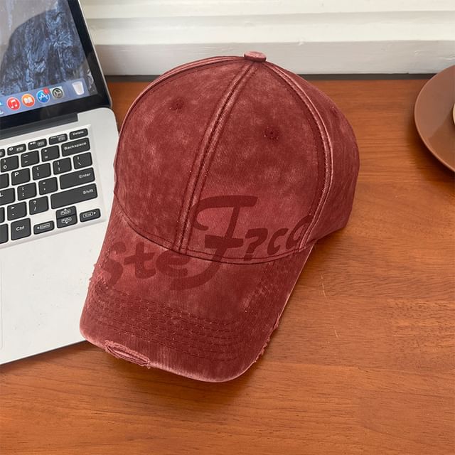 Lettering Print Washed Distressed Baseball Cap