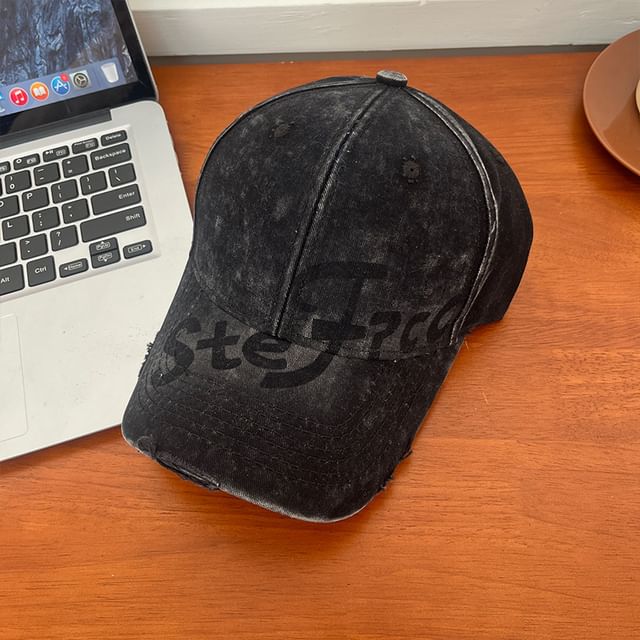 Lettering Print Washed Distressed Baseball Cap