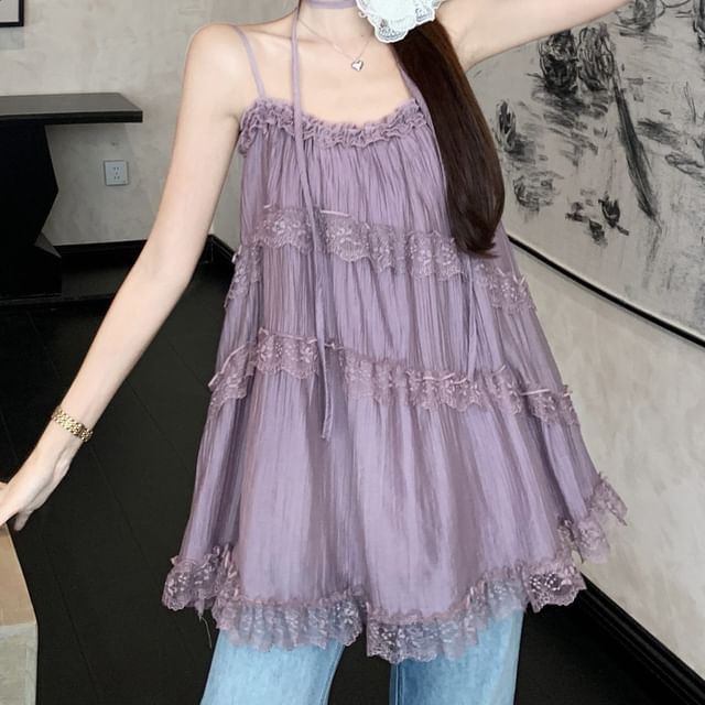 Halter Neck Lace Asymmetrical Flowy Top
