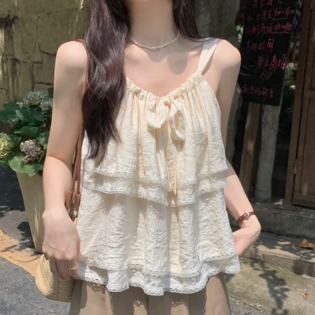 Lace Trim Layered Tie Front Flowy Cami Top