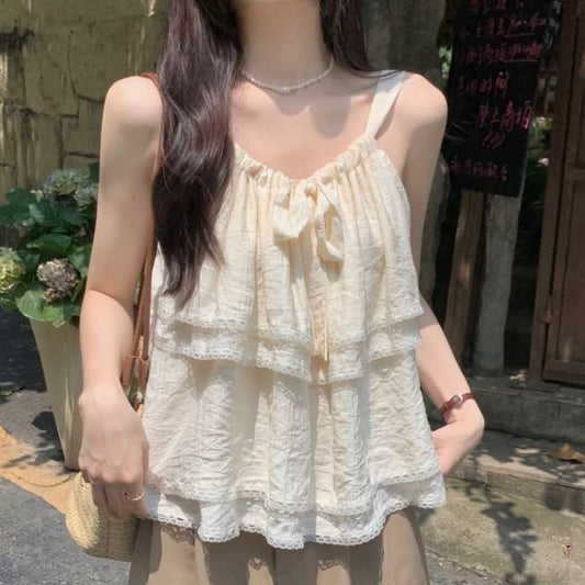 Lace Trim Layered Tie Front Flowy Cami Top