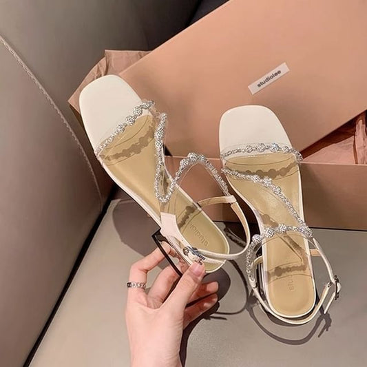 Strappy Heel Rhinestone Chunky Sandals