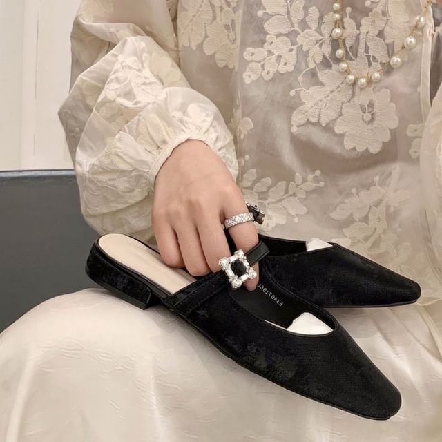 Mules Toe Heel Chunky Rhinestone Square