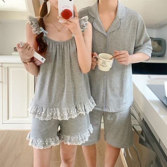 Couple Matching Lapel Pajama Top / Lace Tank / Lounge Shorts Set