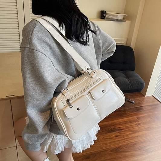 Faux Leather Plain Zip Shoulder Bag