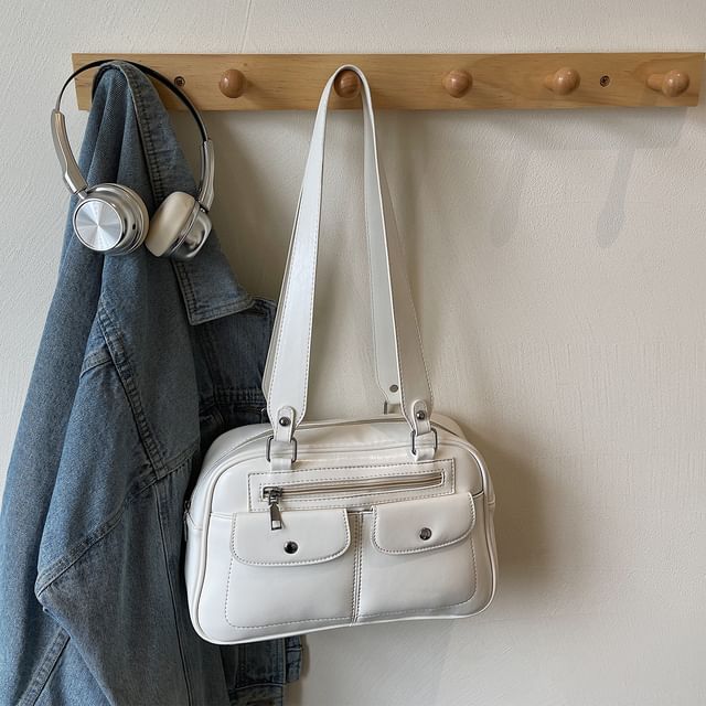 Faux Leather Plain Zip Shoulder Bag