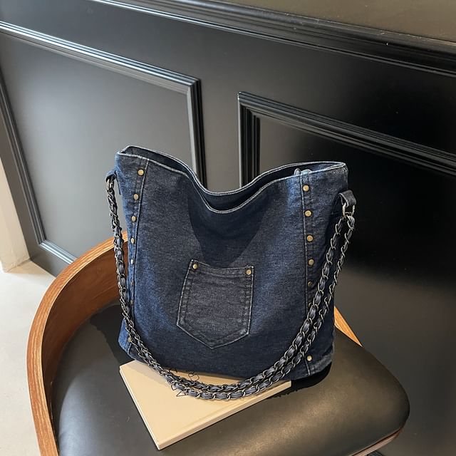 Stud Washed Denim Shoulder Bag
