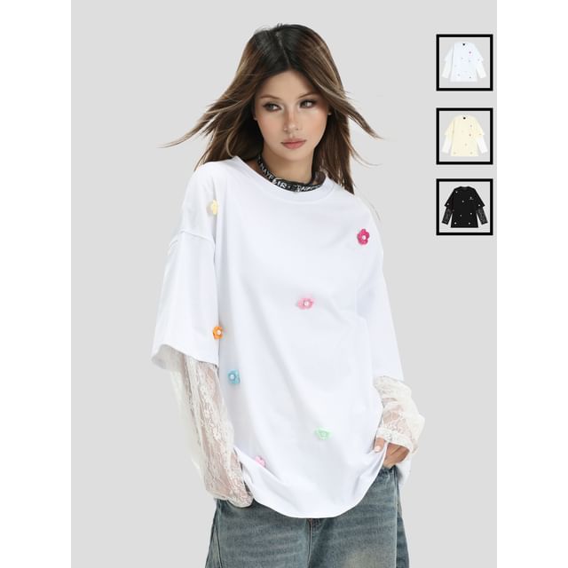 Lace Sleeve Mock Two-Piece Loose Tee