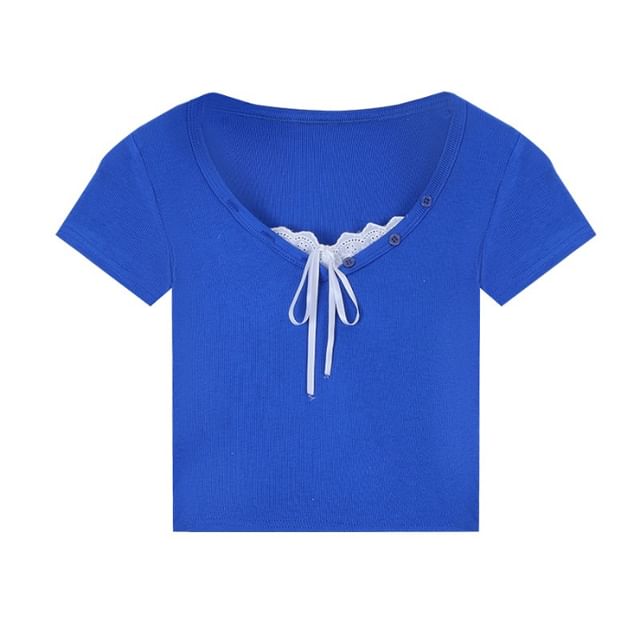 V-Neck Lace Trim Short Sleeve Top
