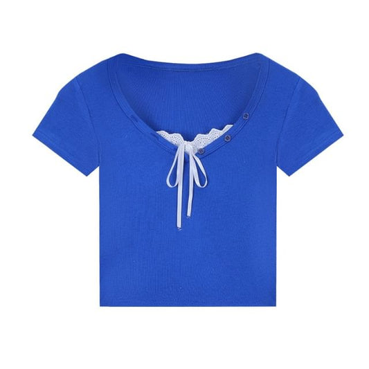 V-Neck Lace Trim Short Sleeve Top