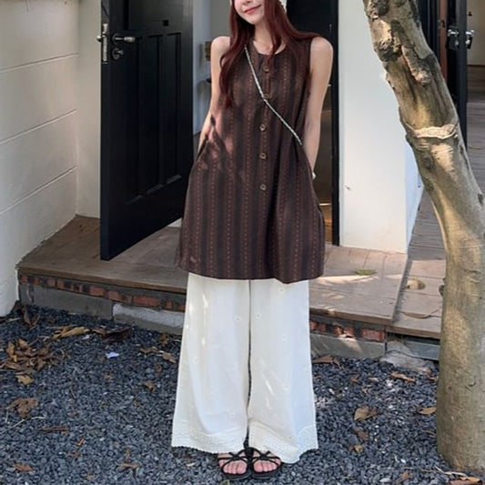 Striped Button-Up Sleeveless Top / High Rise Lace Wide Leg Pants