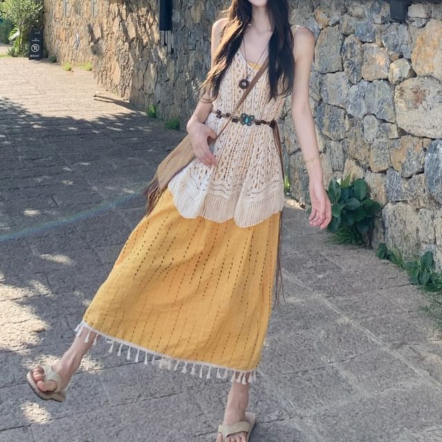 Spaghetti Strap Tassel Midi A-Line Dress / Crochet Lace Tank / Belt Set