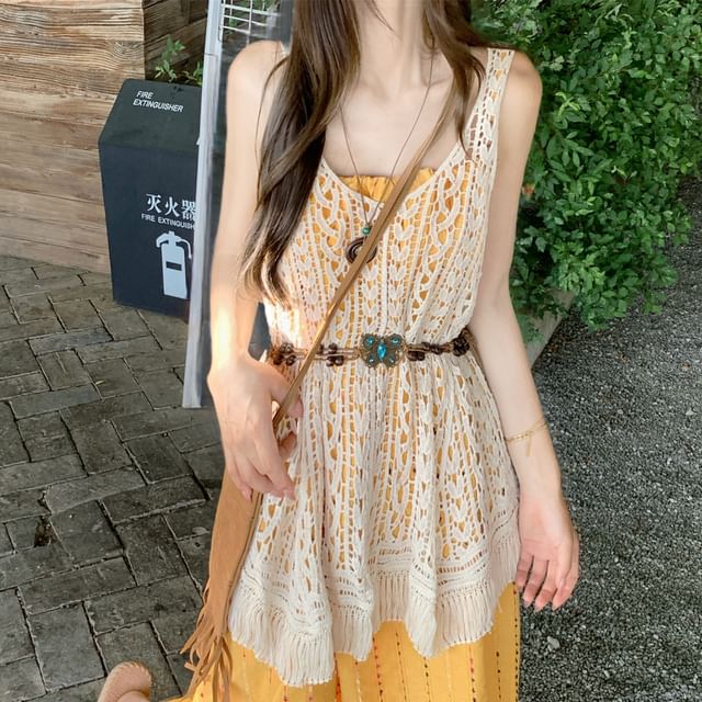 Spaghetti Strap Tassel Midi A-Line Dress / Crochet Lace Tank / Belt Set